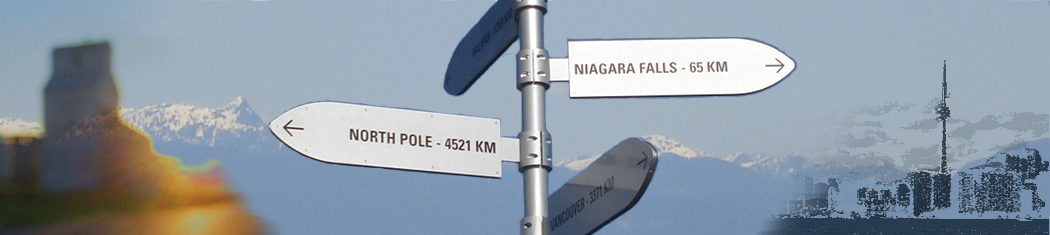 An image of iconic Canadiana: a grain elevator on the left, the Rocky mountains in the background, the CN tower and the Toronto skyline on the right, with a signpost in the middle showing the distance to Niagara Falls, the North Pole, Vancouver and Halifax.